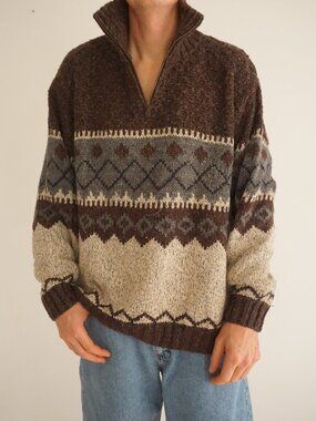 Vintage Fieldmaster Brown Grey Cream Fair Isle Jacquard Knit Half Zip Sweater XL